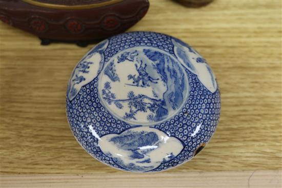 A Chinese blue and white seal paste box and cover, and other Oriental items